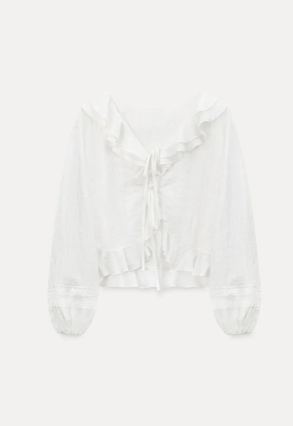 Ruffled Collar Lace Trim Drawstring Chiffon Blouse