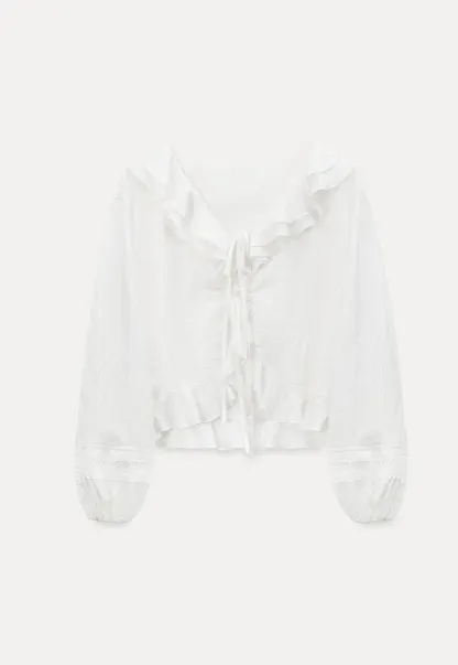 Ruffled Collar Lace Trim Drawstring Chiffon Blouse