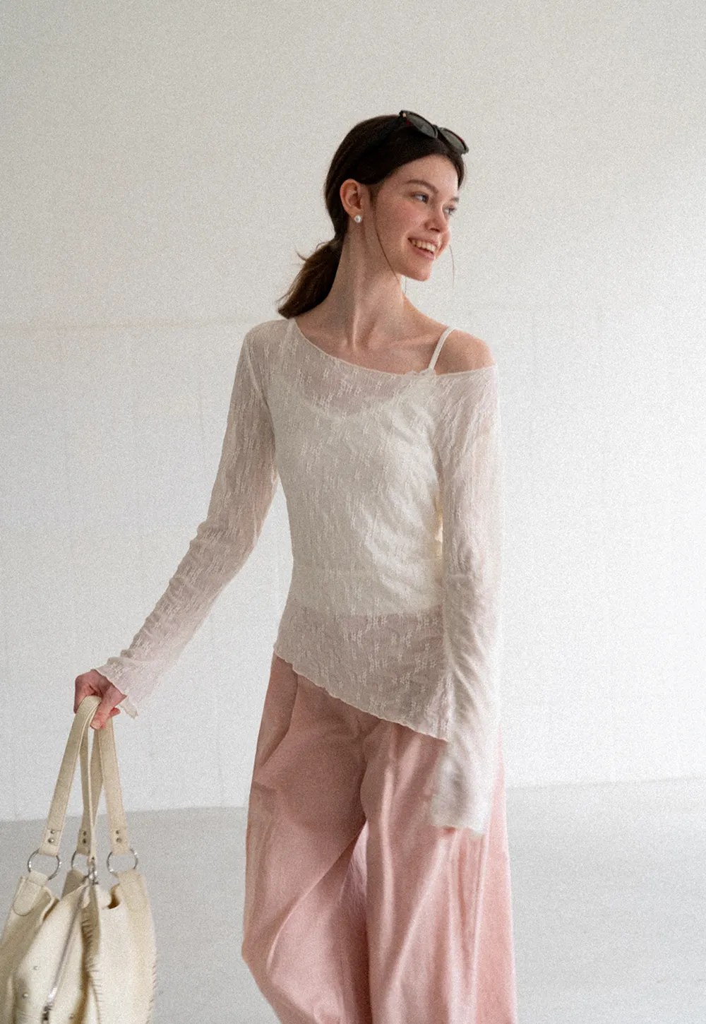 Off Shoulder Lace Chiffon Blouse Long Sleeve