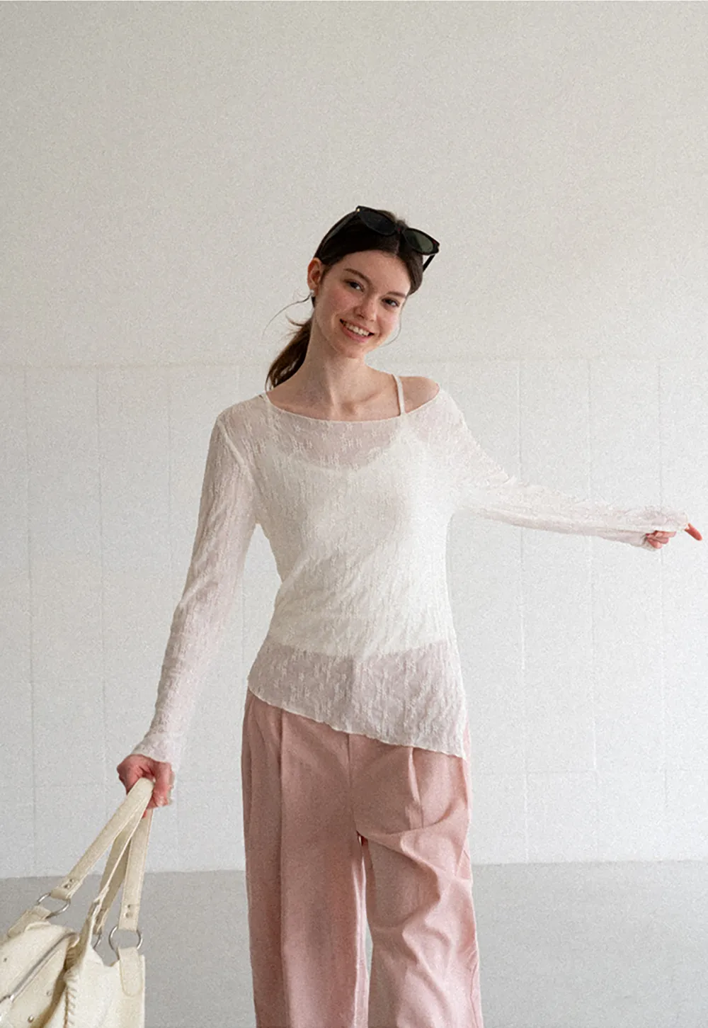 Off Shoulder Lace Chiffon Blouse Long Sleeve