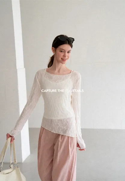 Off Shoulder Lace Chiffon Blouse Long Sleeve