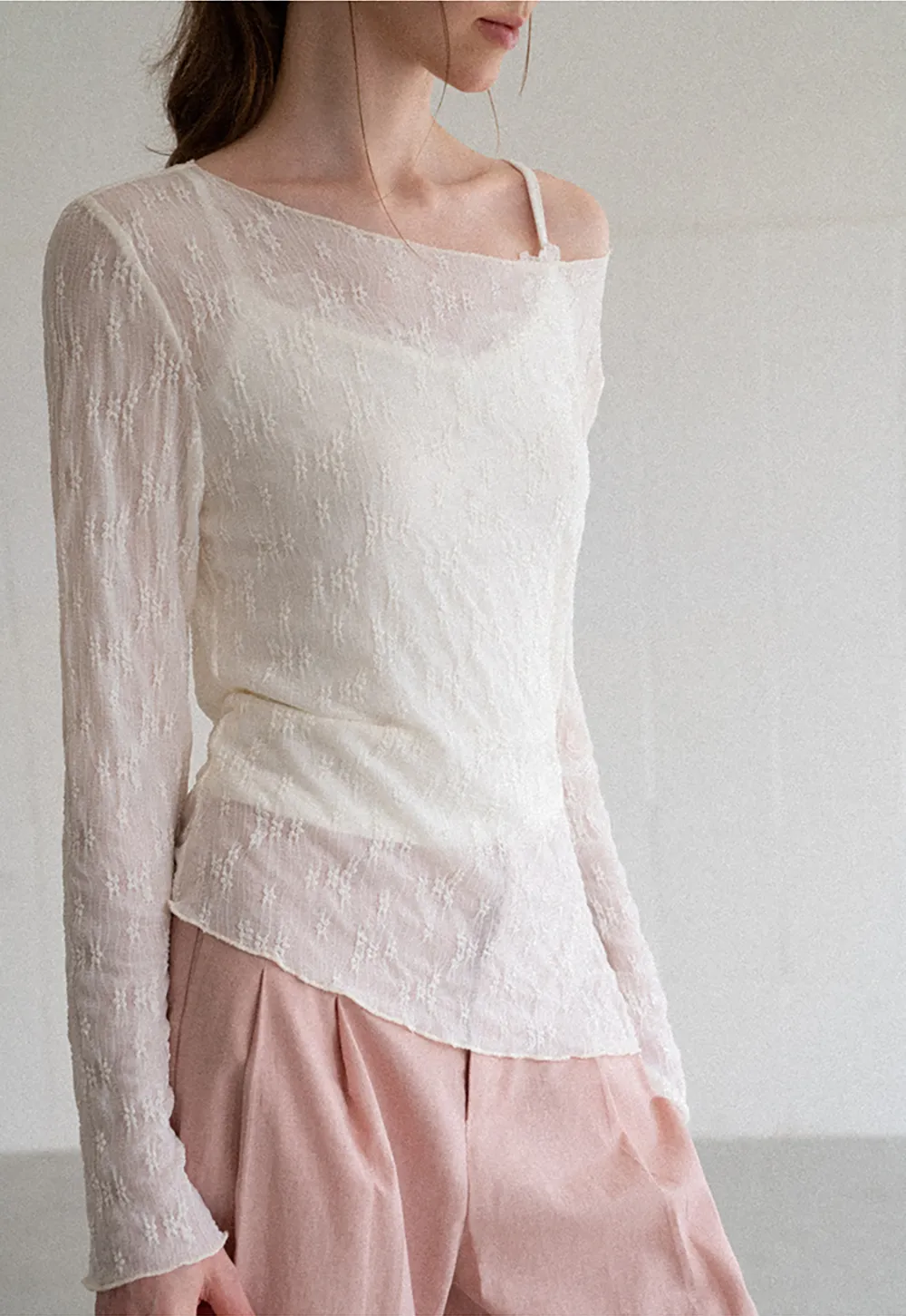 Off Shoulder Lace Chiffon Blouse Long Sleeve
