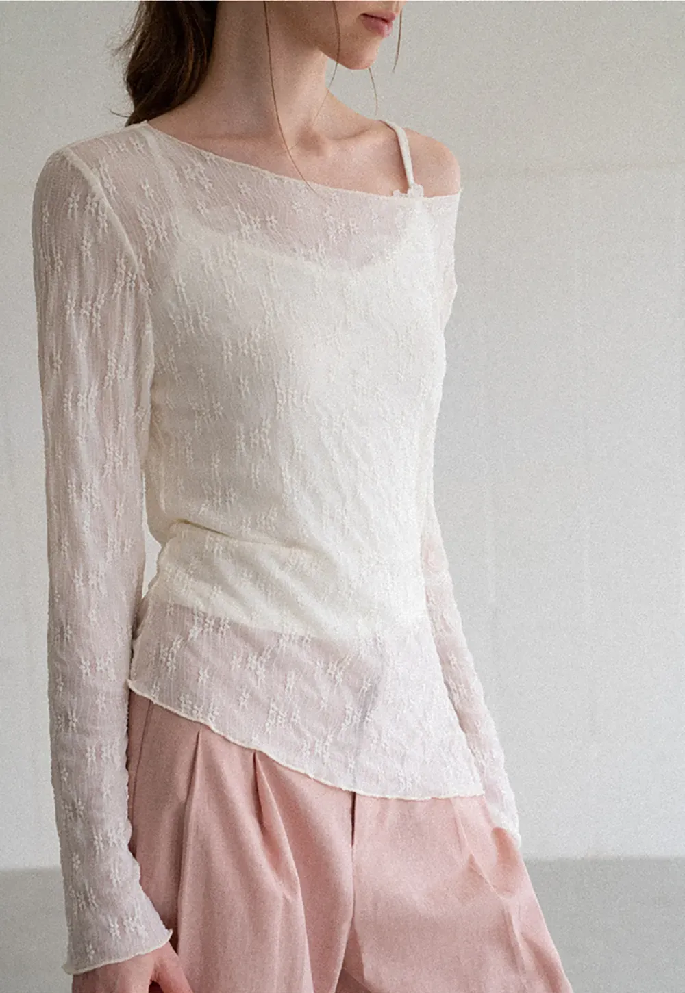 Off Shoulder Lace Chiffon Blouse Long Sleeve