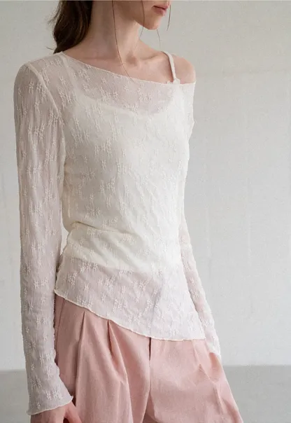 Off Shoulder Lace Chiffon Blouse Long Sleeve