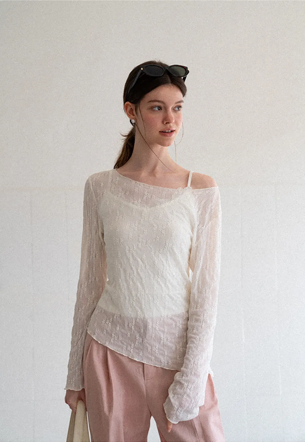Off Shoulder Lace Chiffon Blouse Long Sleeve