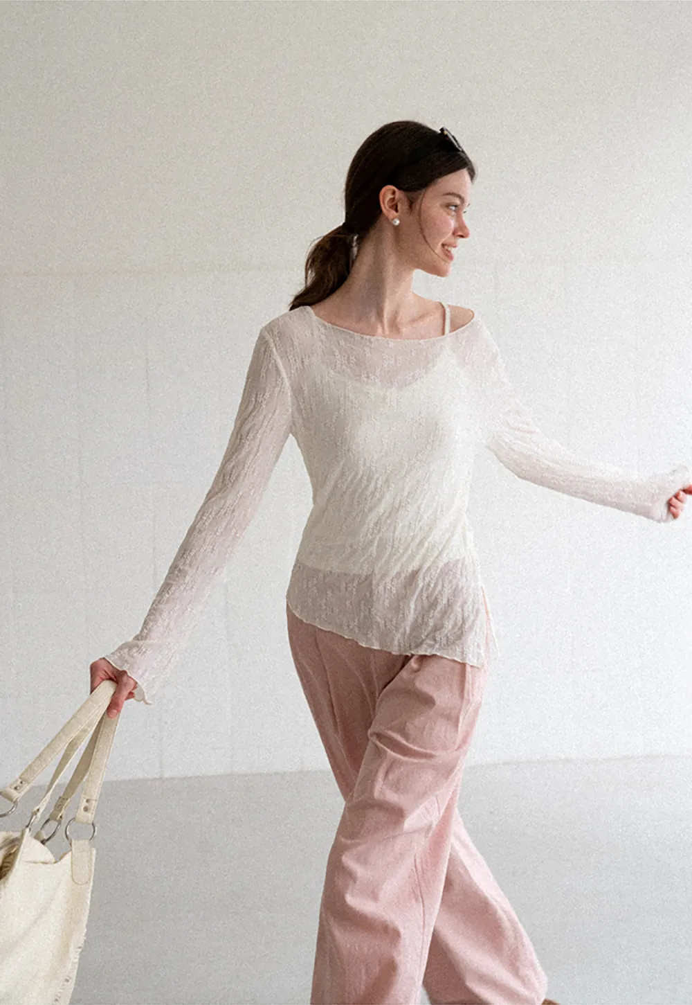 Off Shoulder Lace Chiffon Blouse Long Sleeve