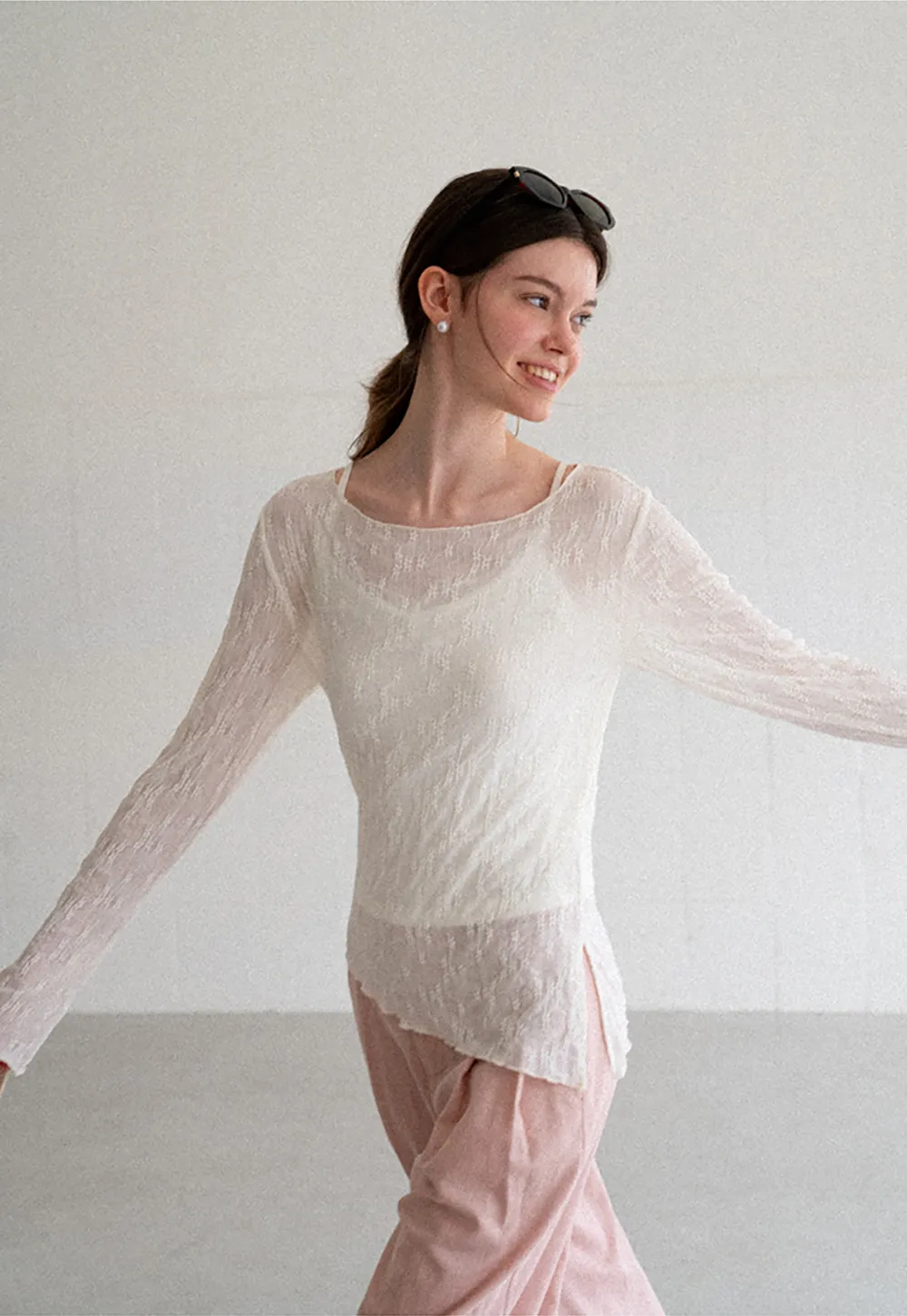 Off Shoulder Lace Chiffon Blouse Long Sleeve