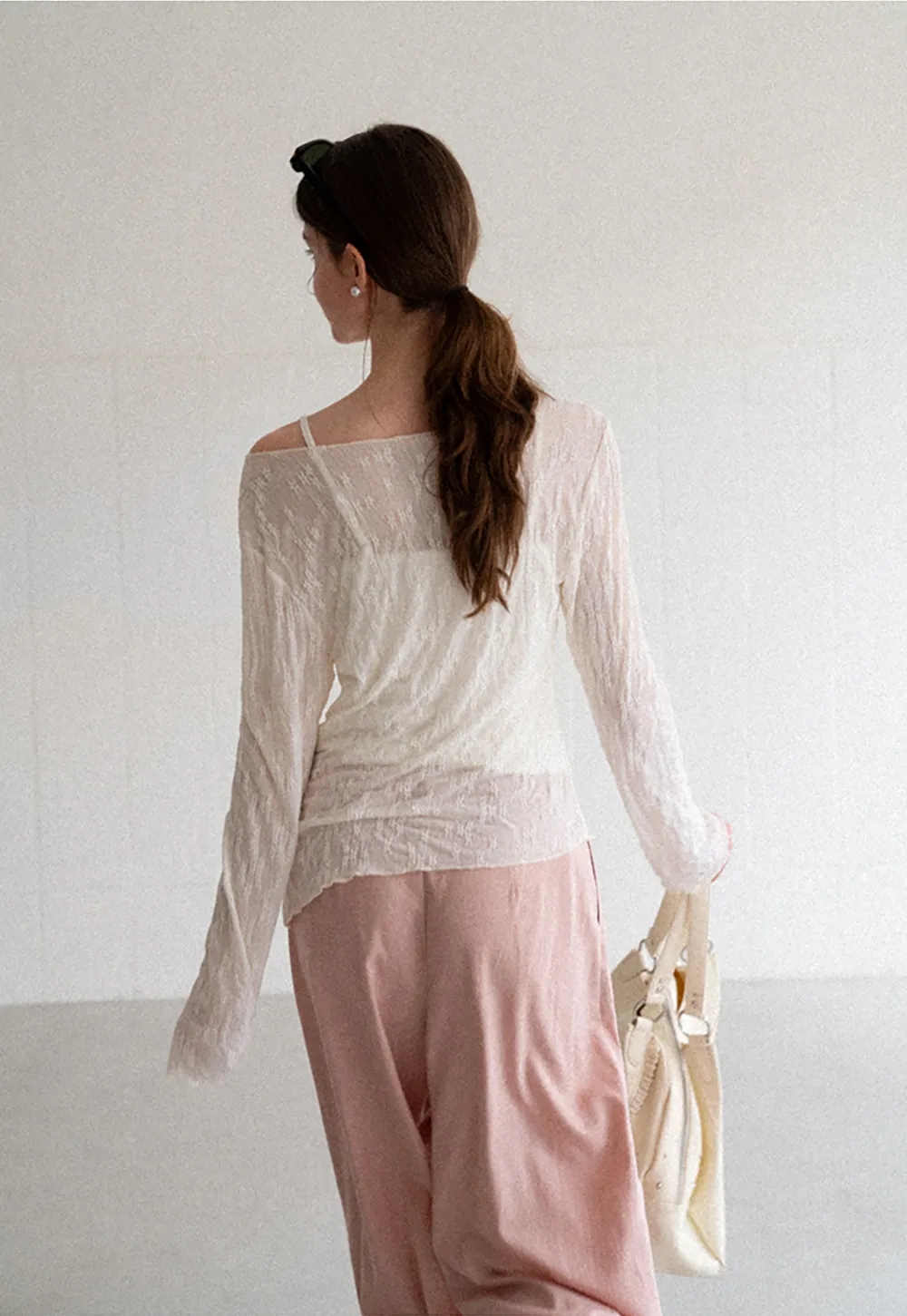 Off Shoulder Lace Chiffon Blouse Long Sleeve