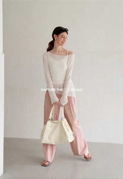 Off Shoulder Lace Chiffon Blouse Long Sleeve