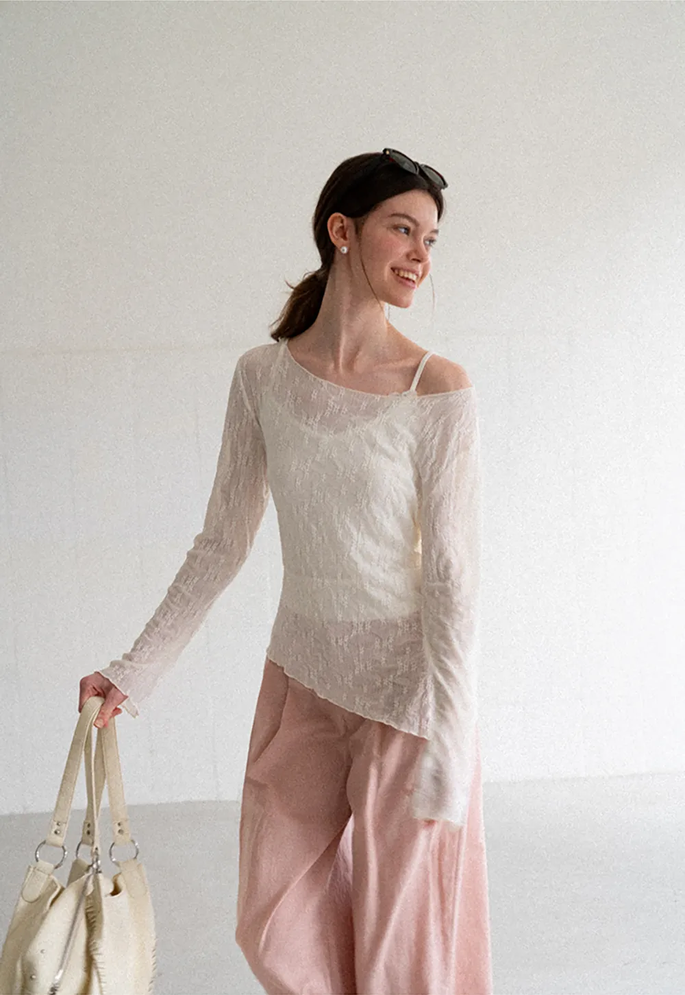 Off Shoulder Lace Chiffon Blouse Long Sleeve