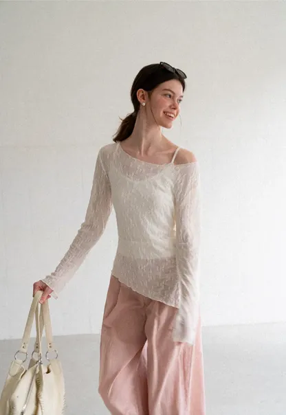 Off Shoulder Lace Chiffon Blouse Long Sleeve