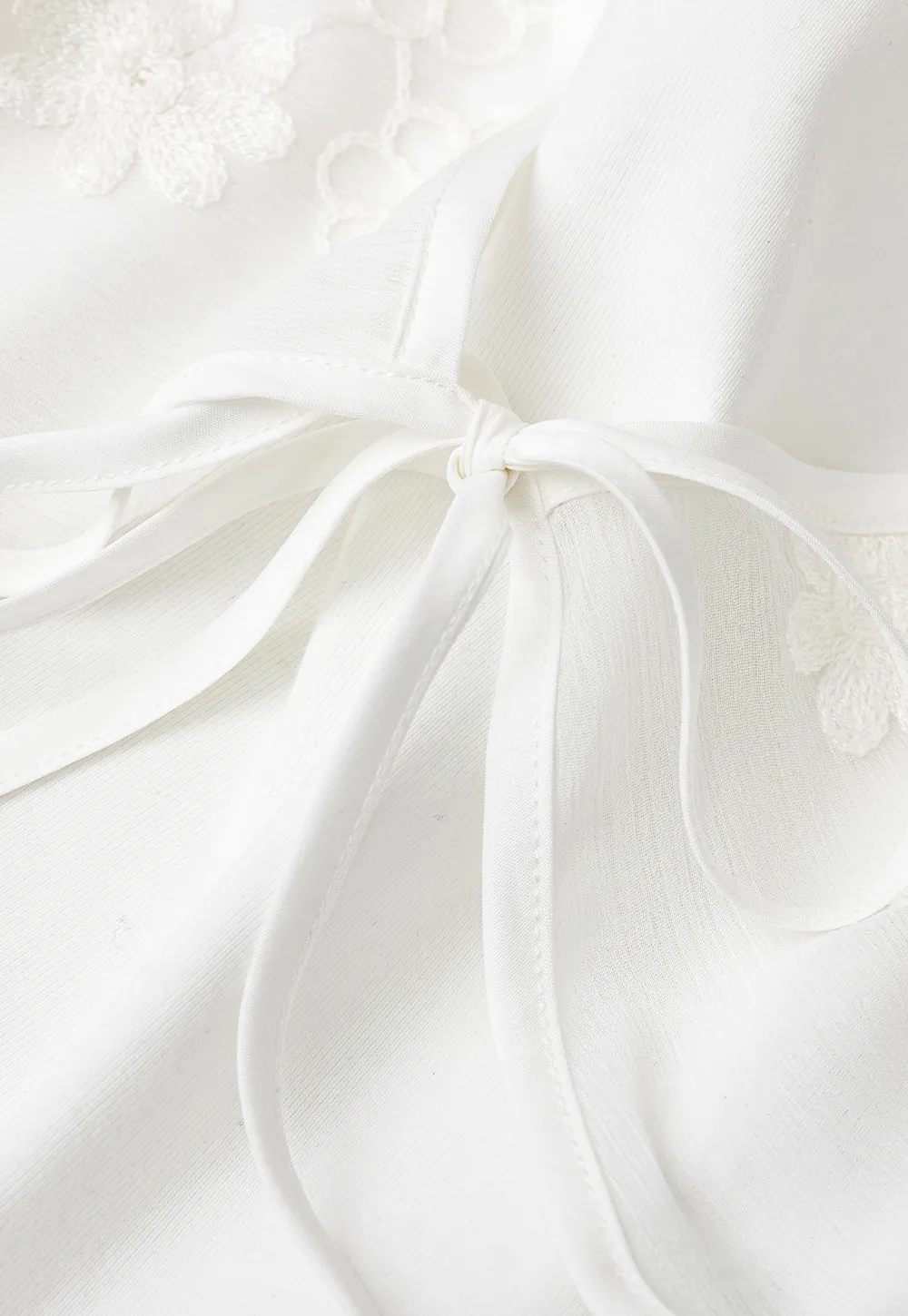 Floral Embroidered Drawstring Front Lace Chiffon Blouse