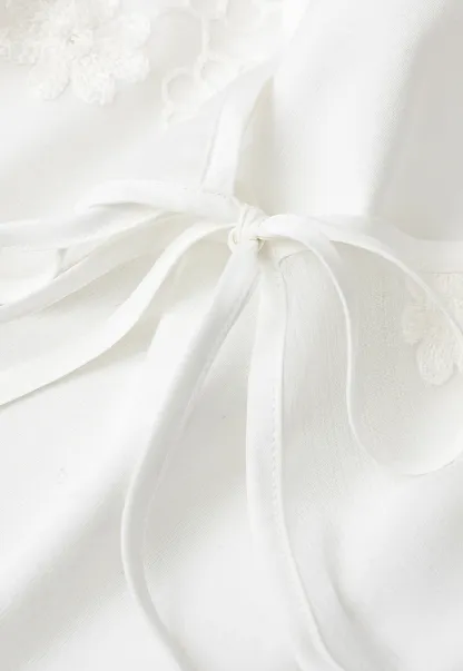 Floral Embroidered Drawstring Front Lace Chiffon Blouse