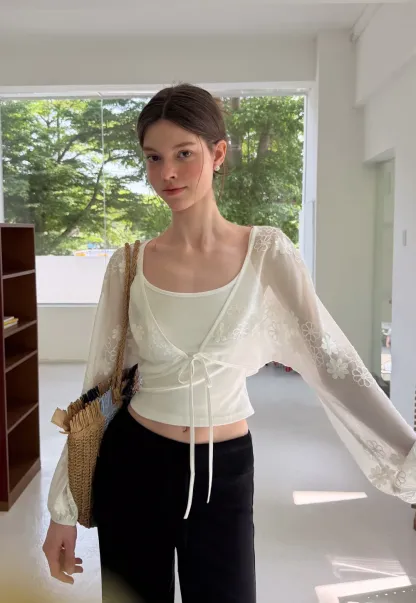 Floral Embroidered Drawstring Front Lace Chiffon Blouse