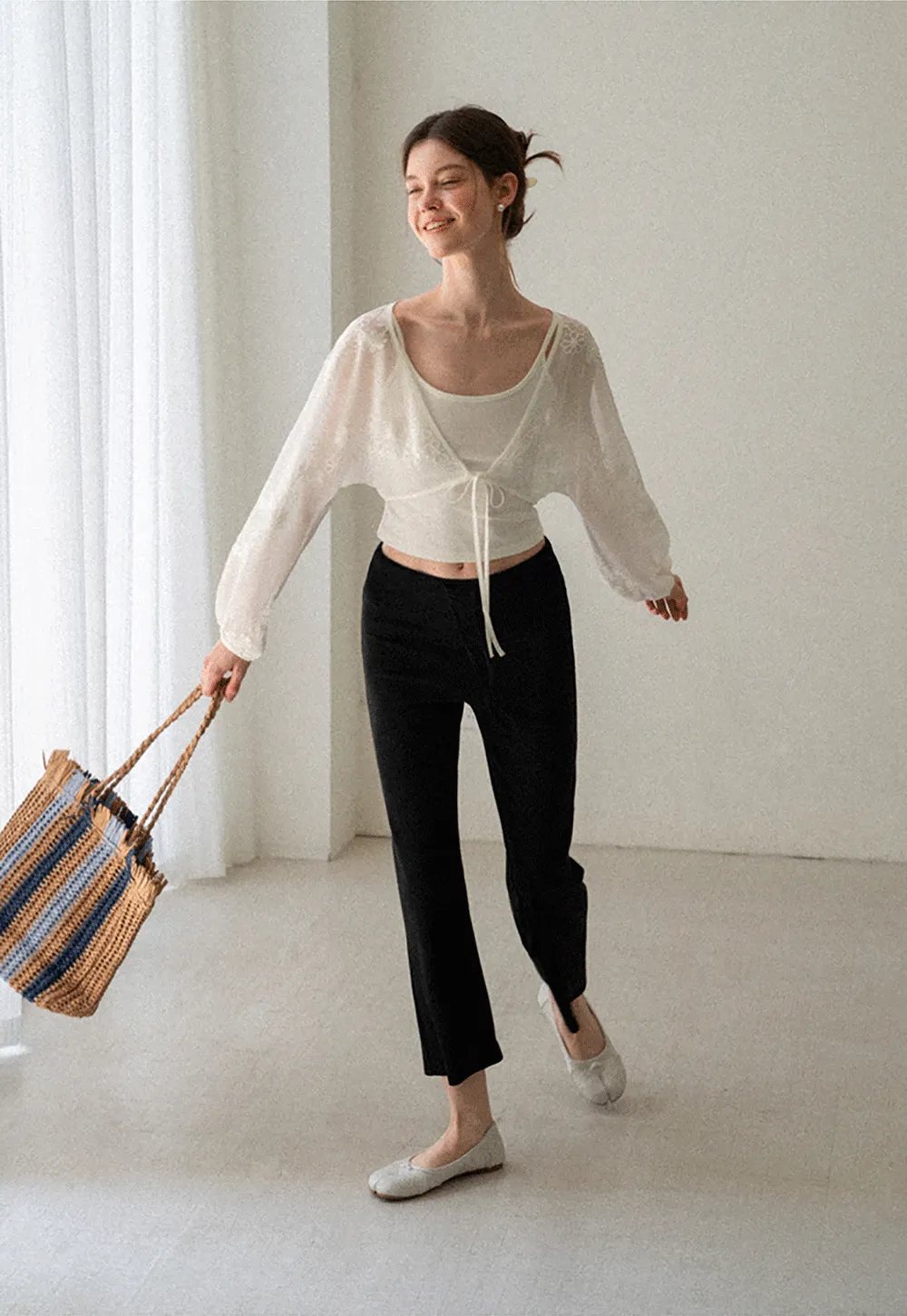Floral Embroidered Drawstring Front Lace Chiffon Blouse