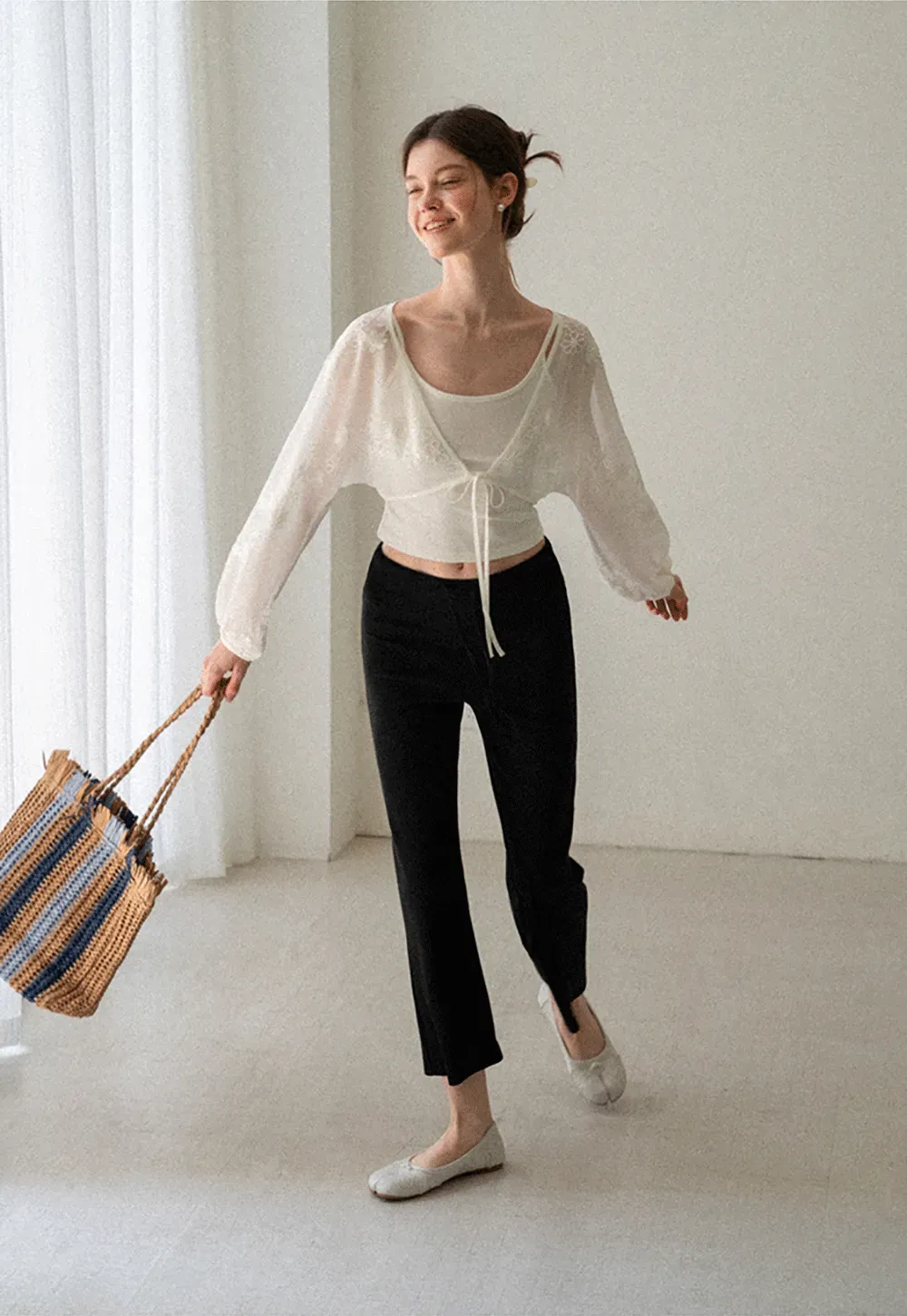 Floral Embroidered Drawstring Front Lace Chiffon Blouse