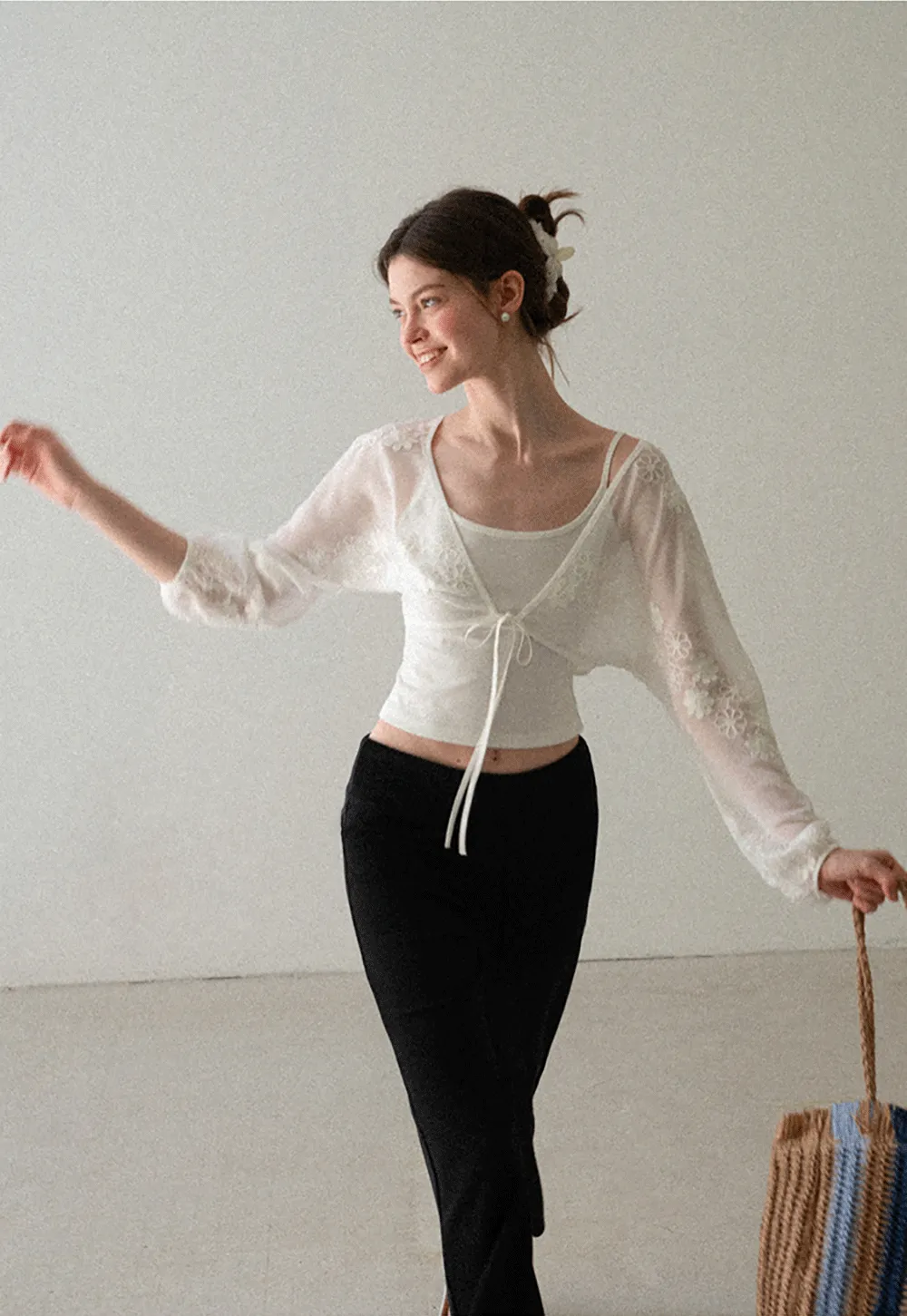 Floral Embroidered Drawstring Front Lace Chiffon Blouse
