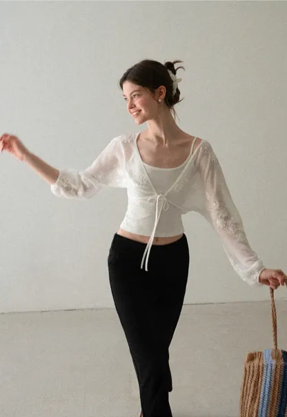 Floral Embroidered Drawstring Front Lace Chiffon Blouse