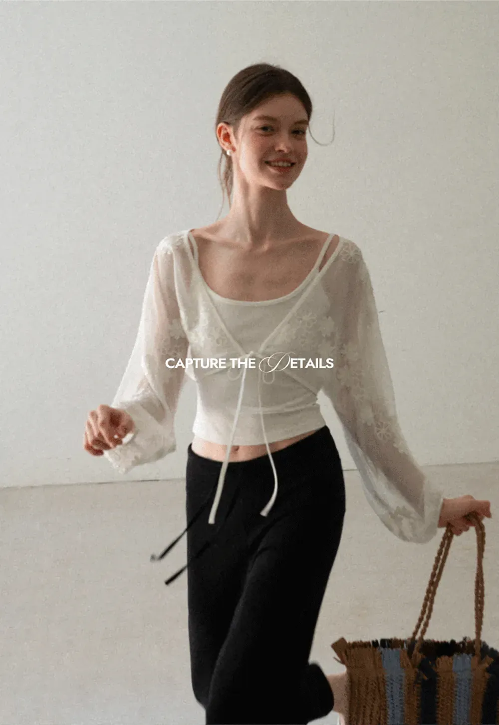 Floral Embroidered Drawstring Front Lace Chiffon Blouse