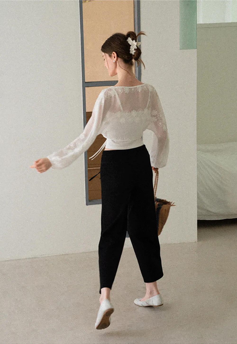 Floral Embroidered Drawstring Front Lace Chiffon Blouse