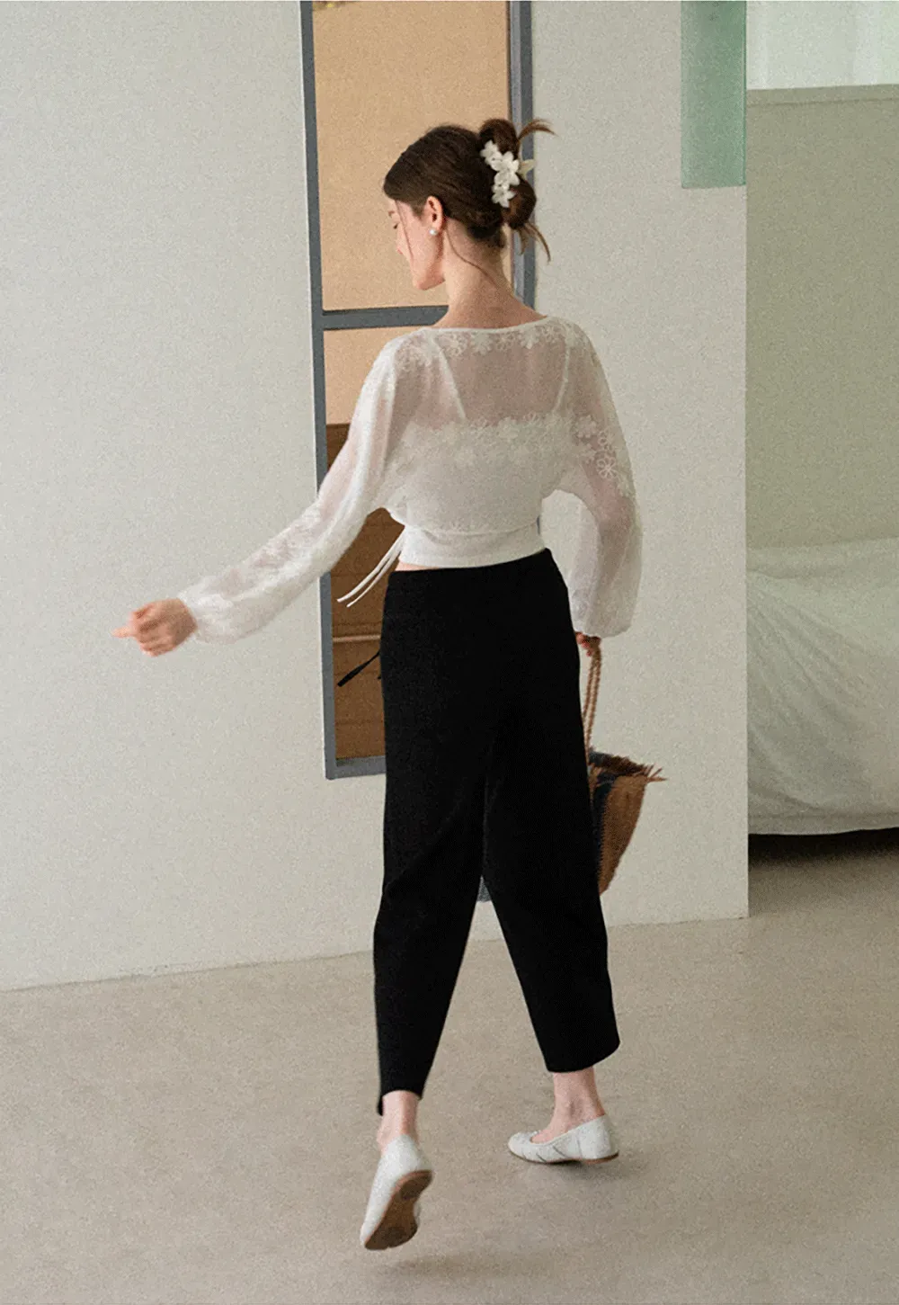 Floral Embroidered Drawstring Front Lace Chiffon Blouse