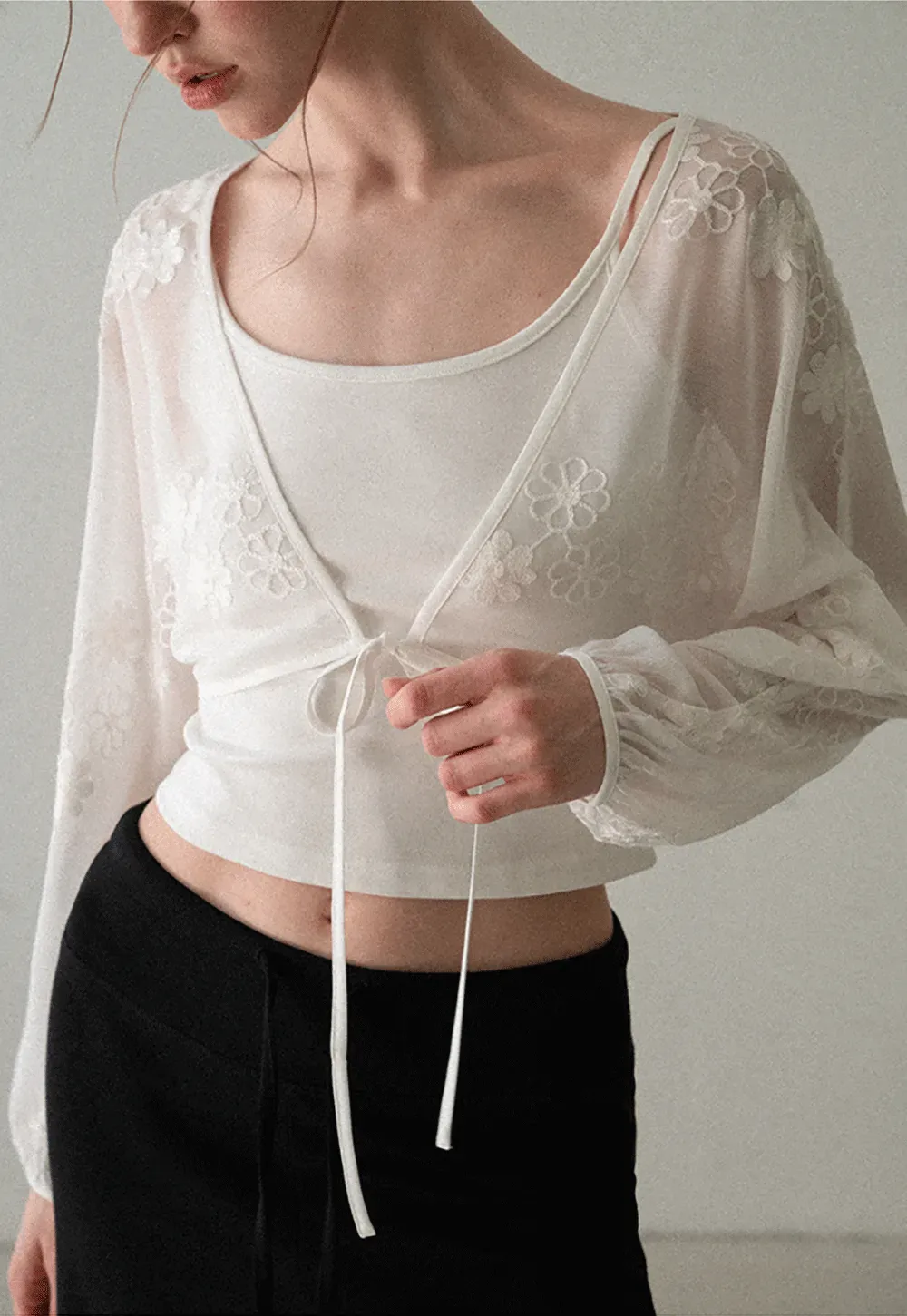Floral Embroidered Drawstring Front Lace Chiffon Blouse