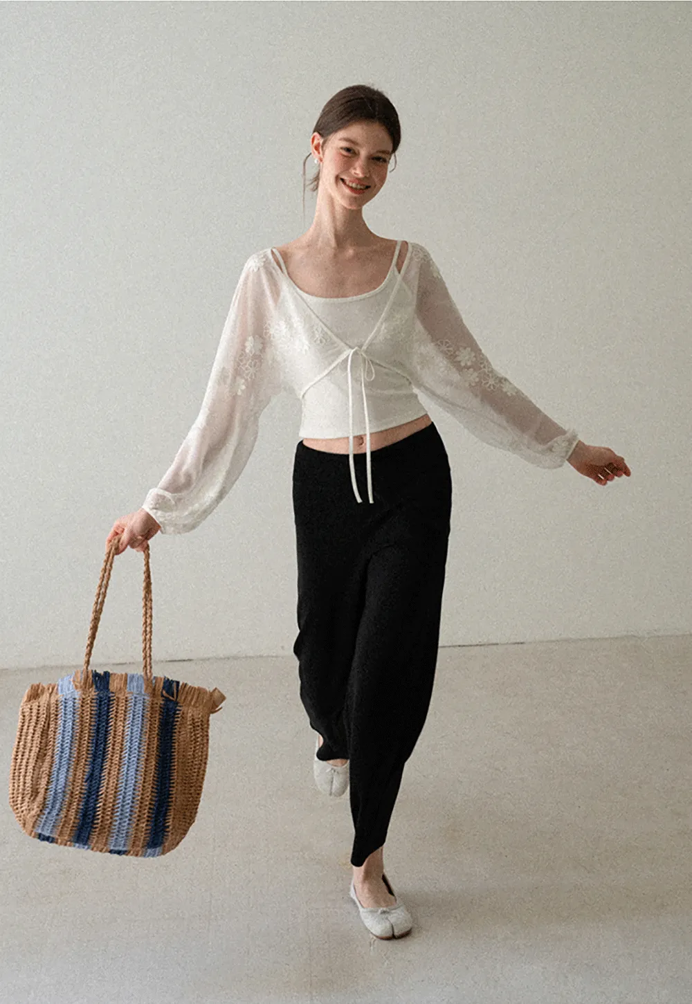 Floral Embroidered Drawstring Front Lace Chiffon Blouse