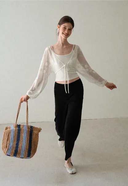 Floral Embroidered Drawstring Front Lace Chiffon Blouse