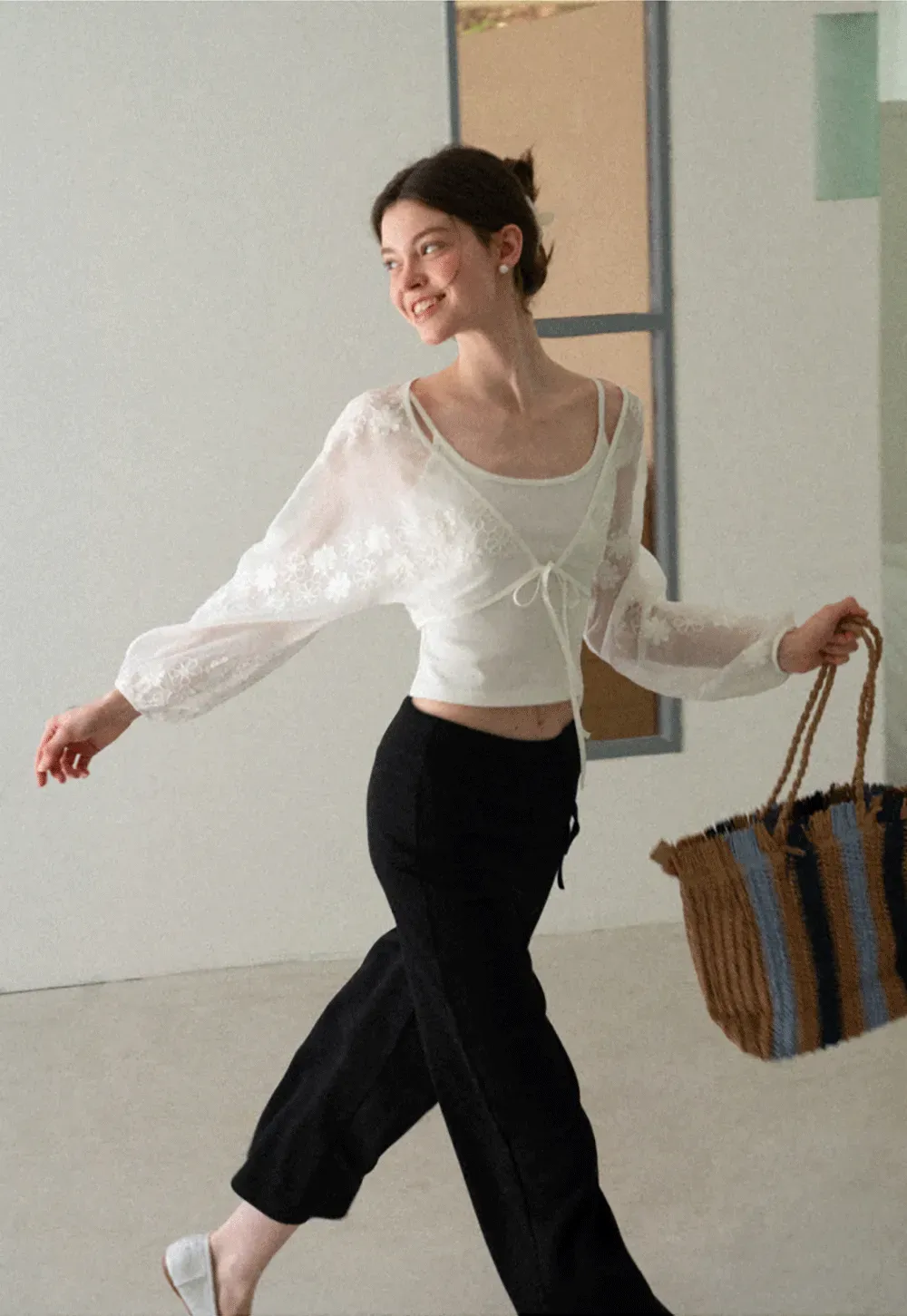 Floral Embroidered Drawstring Front Lace Chiffon Blouse