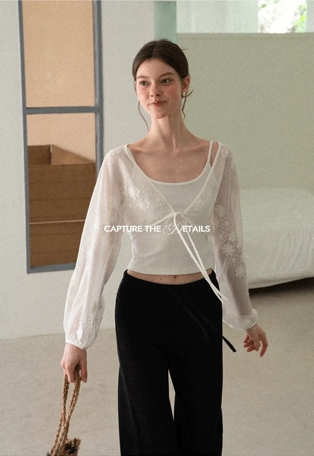 Floral Embroidered Drawstring Front Lace Chiffon Blouse