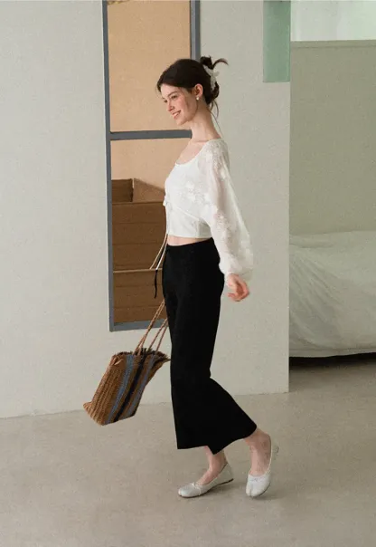 Floral Embroidered Drawstring Front Lace Chiffon Blouse