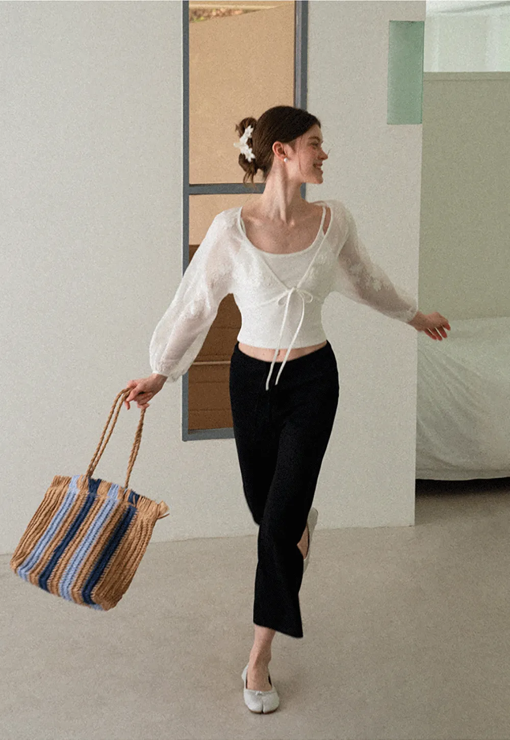 Floral Embroidered Drawstring Front Lace Chiffon Blouse