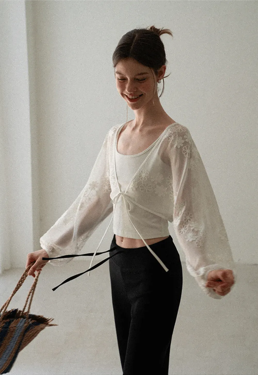 Floral Embroidered Drawstring Front Lace Chiffon Blouse