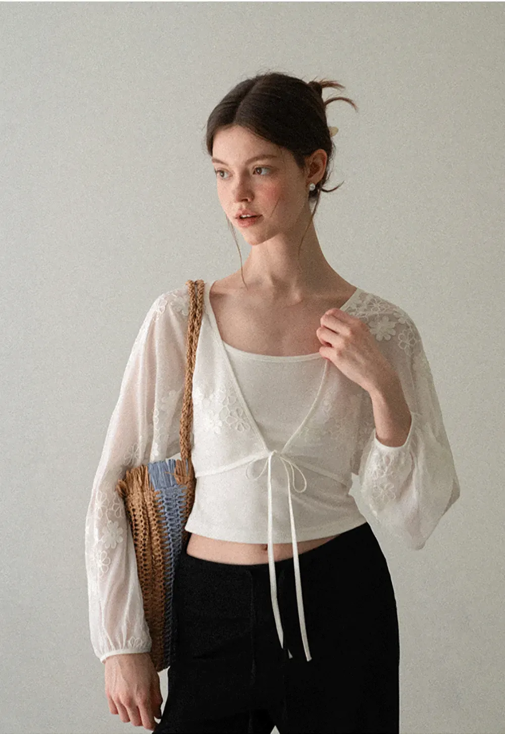 Floral Embroidered Drawstring Front Lace Chiffon Blouse