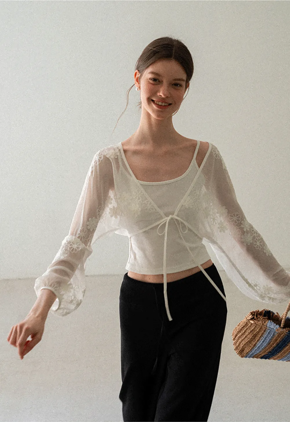 Floral Embroidered Drawstring Front Lace Chiffon Blouse