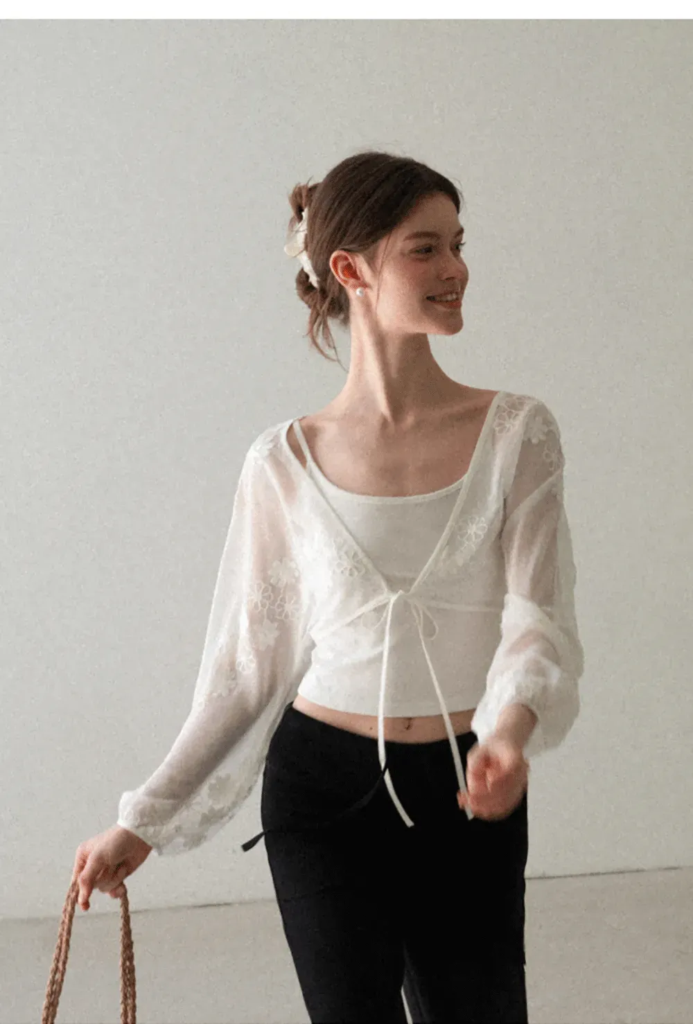 Floral Embroidered Drawstring Front Lace Chiffon Blouse
