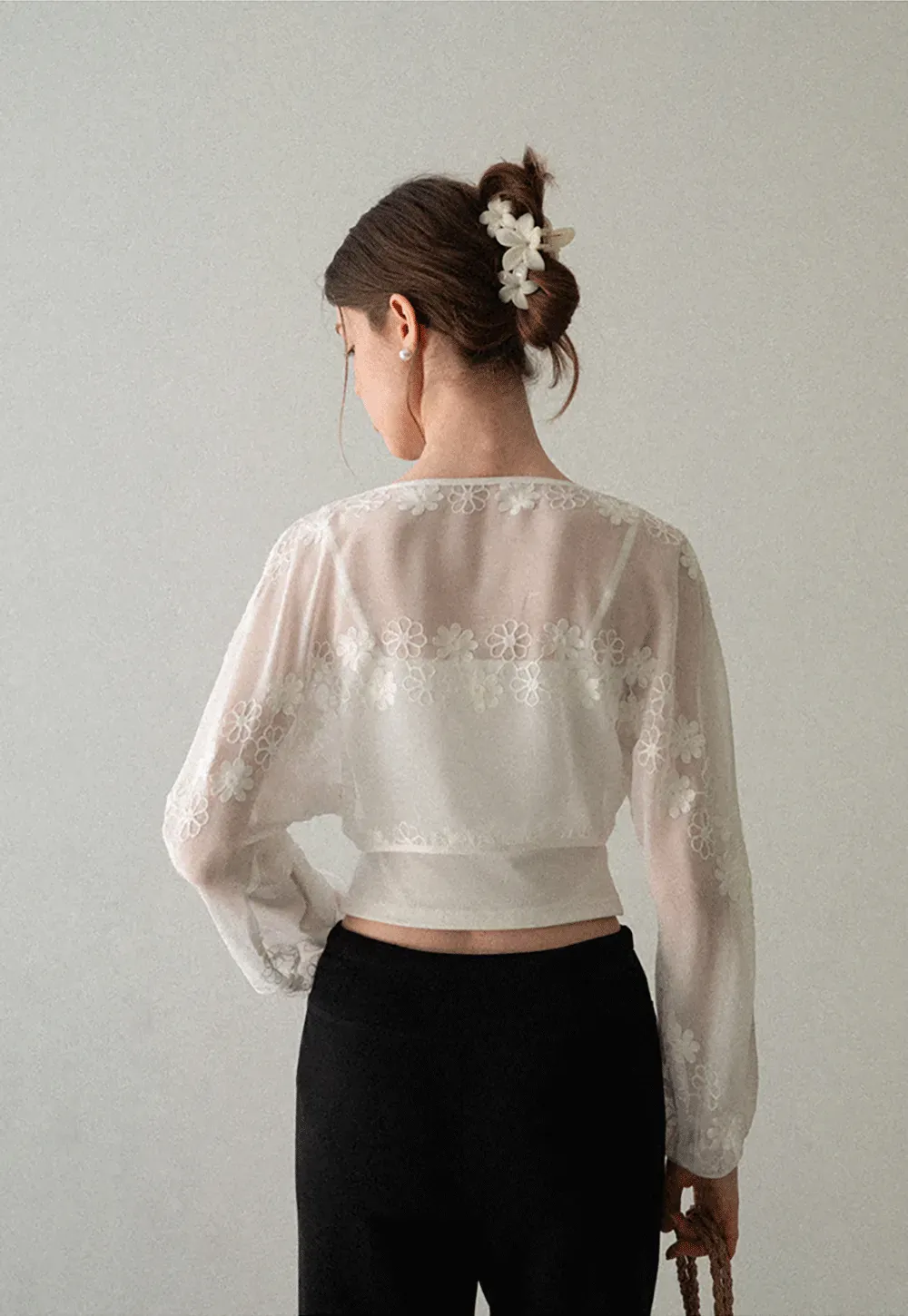 Floral Embroidered Drawstring Front Lace Chiffon Blouse