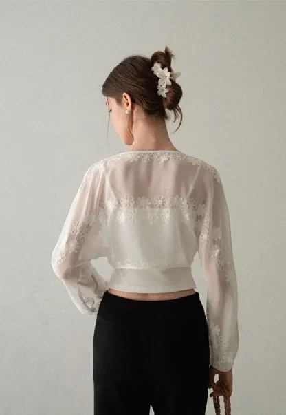 Floral Embroidered Drawstring Front Lace Chiffon Blouse