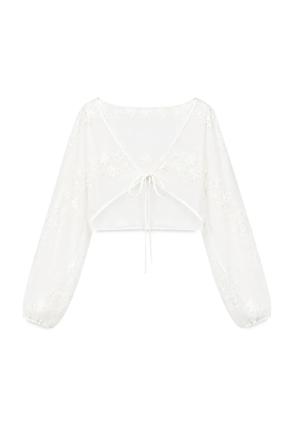 Floral Embroidered Drawstring Front Lace Chiffon Blouse