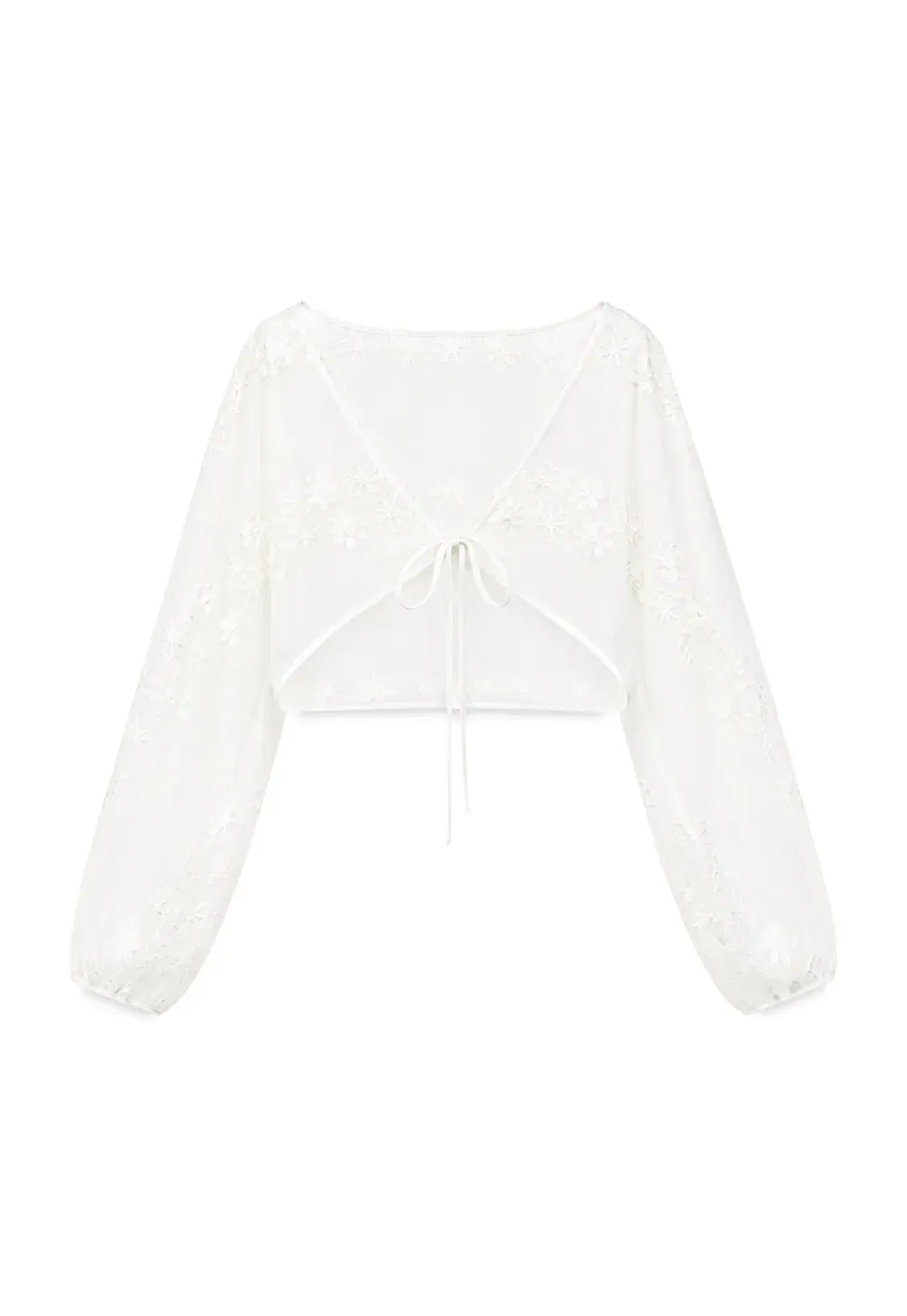 Floral Embroidered Drawstring Front Lace Chiffon Blouse