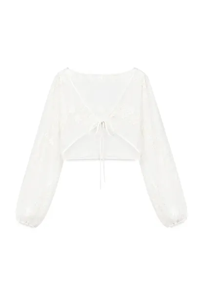 Floral Embroidered Drawstring Front Lace Chiffon Blouse