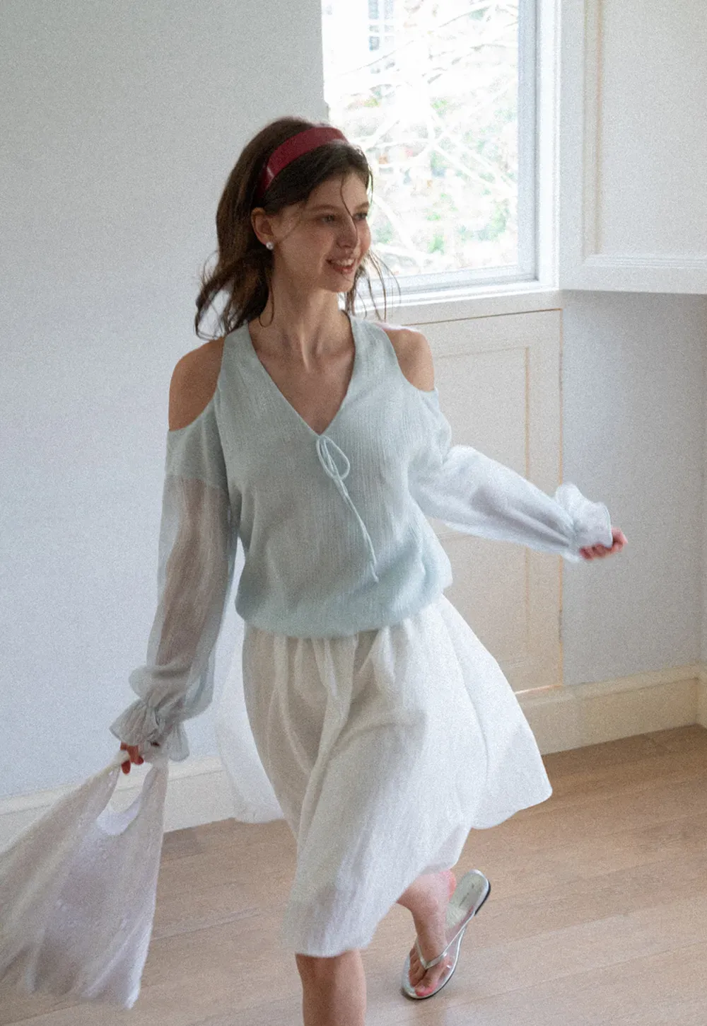 Cold Shoulder V Neck Long Sleeve Lace Chiffon Blouse