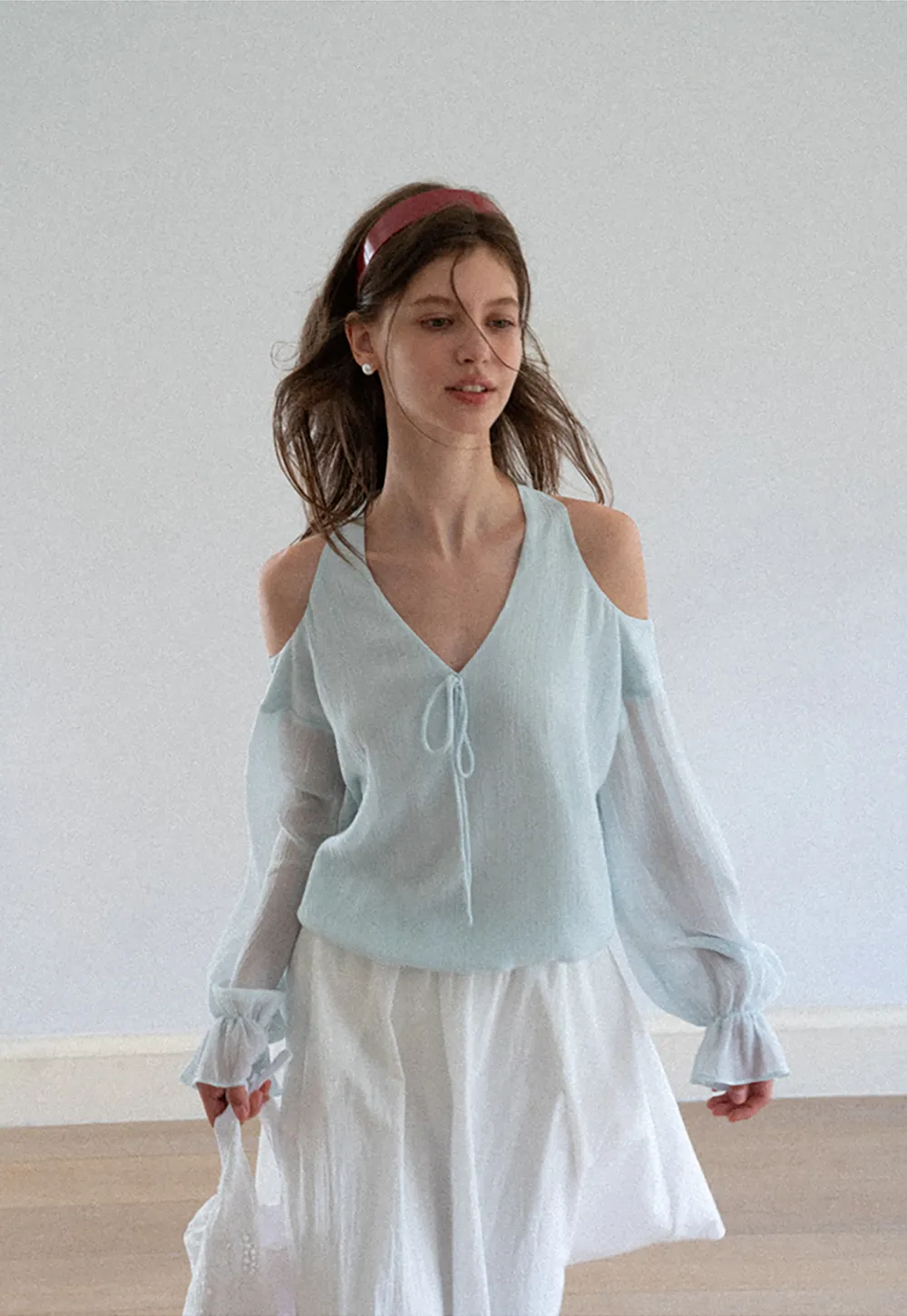 Cold Shoulder V Neck Long Sleeve Lace Chiffon Blouse