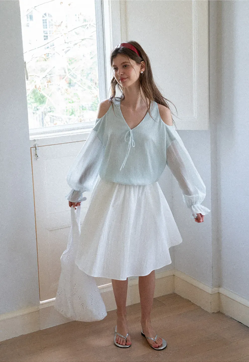 Cold Shoulder V Neck Long Sleeve Lace Chiffon Blouse