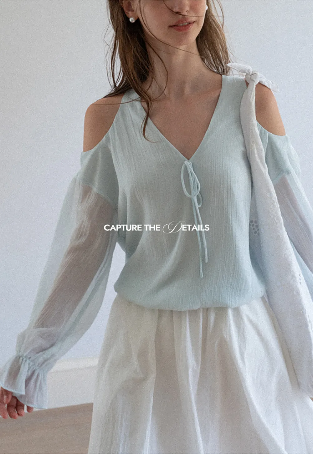 Cold Shoulder V Neck Long Sleeve Lace Chiffon Blouse