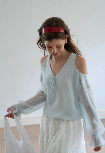Cold Shoulder V Neck Long Sleeve Lace Chiffon Blouse