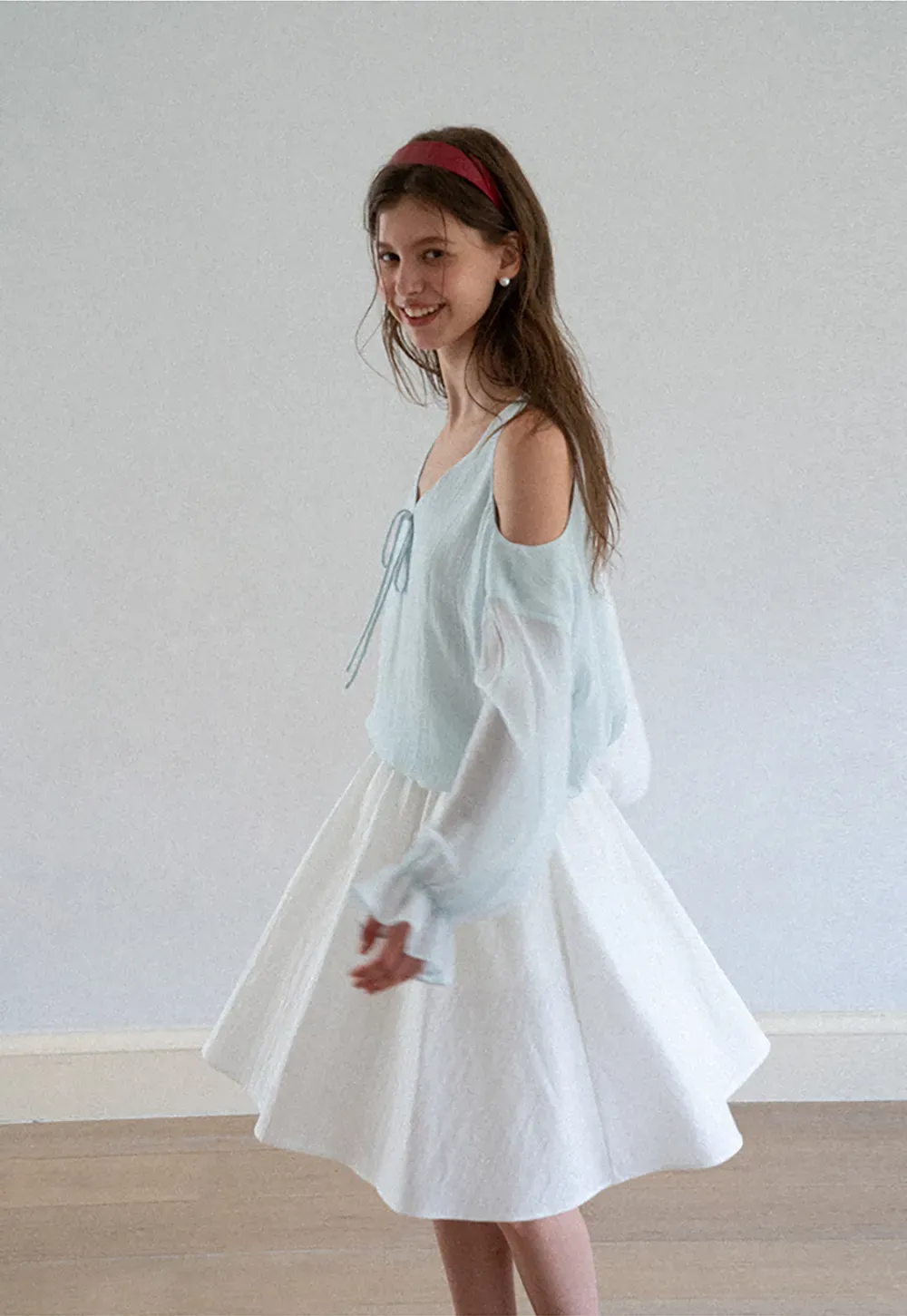 Cold Shoulder V Neck Long Sleeve Lace Chiffon Blouse