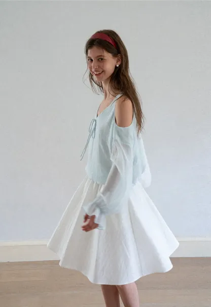 Cold Shoulder V Neck Long Sleeve Lace Chiffon Blouse