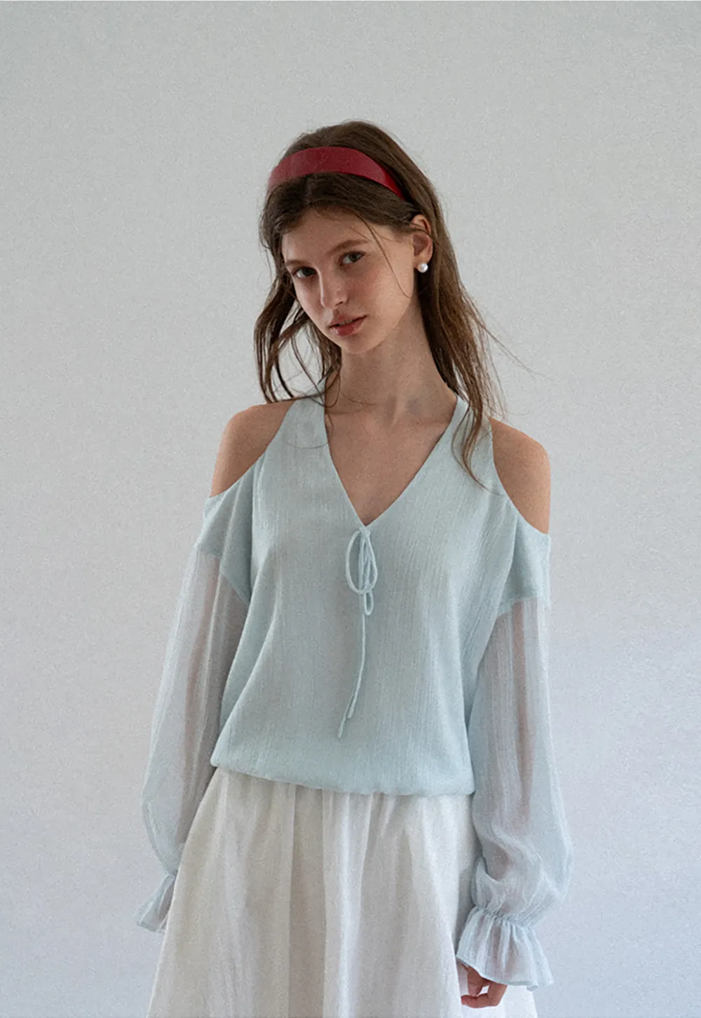 Cold Shoulder V Neck Long Sleeve Lace Chiffon Blouse
