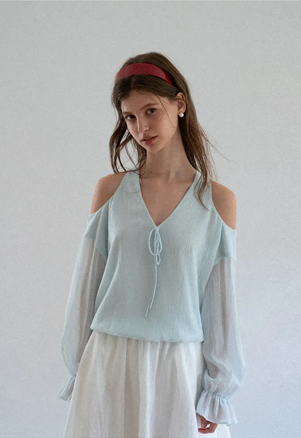 Cold Shoulder V Neck Long Sleeve Lace Chiffon Blouse